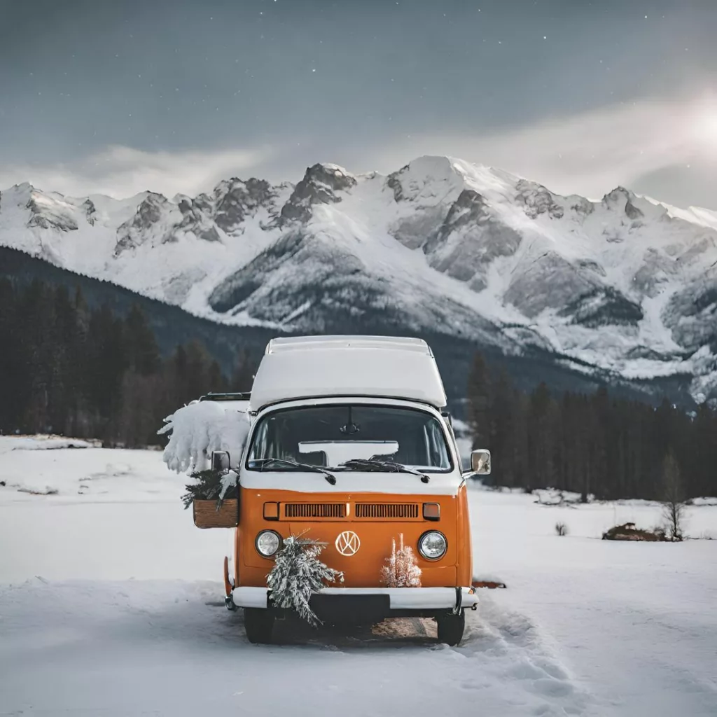 Camping-car équipé de pneus neige et de chaînes pour un voyage de ski en montagne