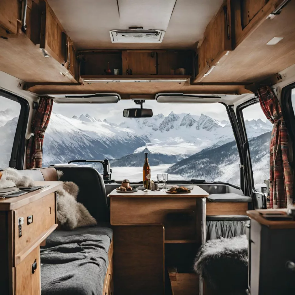 Intérieur confortable et chaleureux d'un camping-car avec vue sur un paysage enneigé